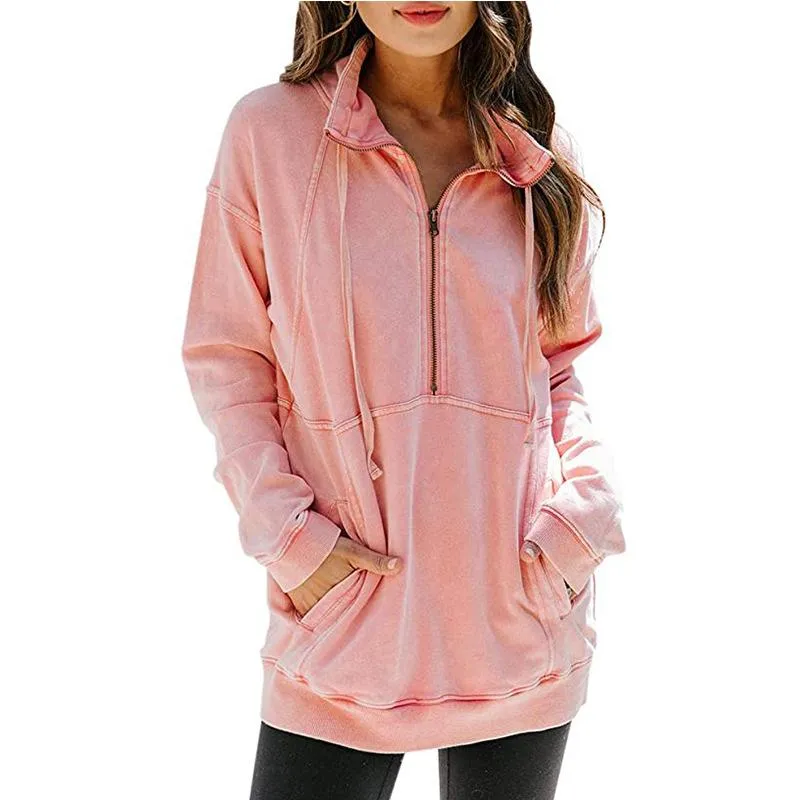 Women solid color sweatshirt half zip pullovers with pocket