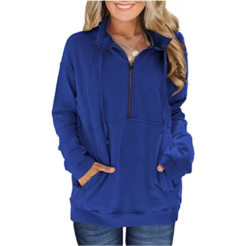 Women solid color sweatshirt half zip pullovers with pocket