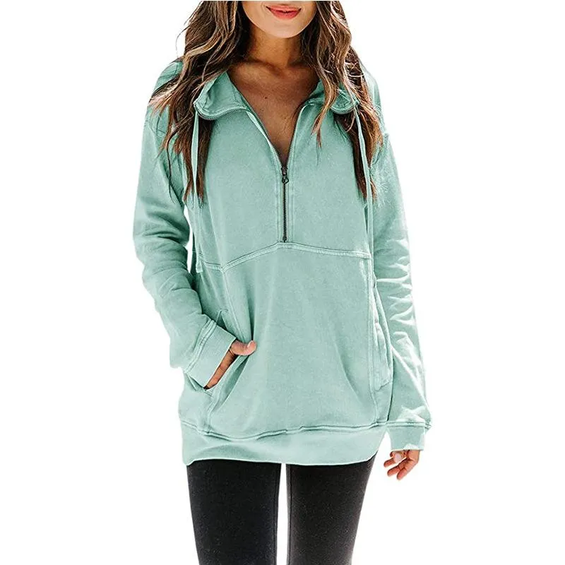 Women solid color sweatshirt half zip pullovers with pocket