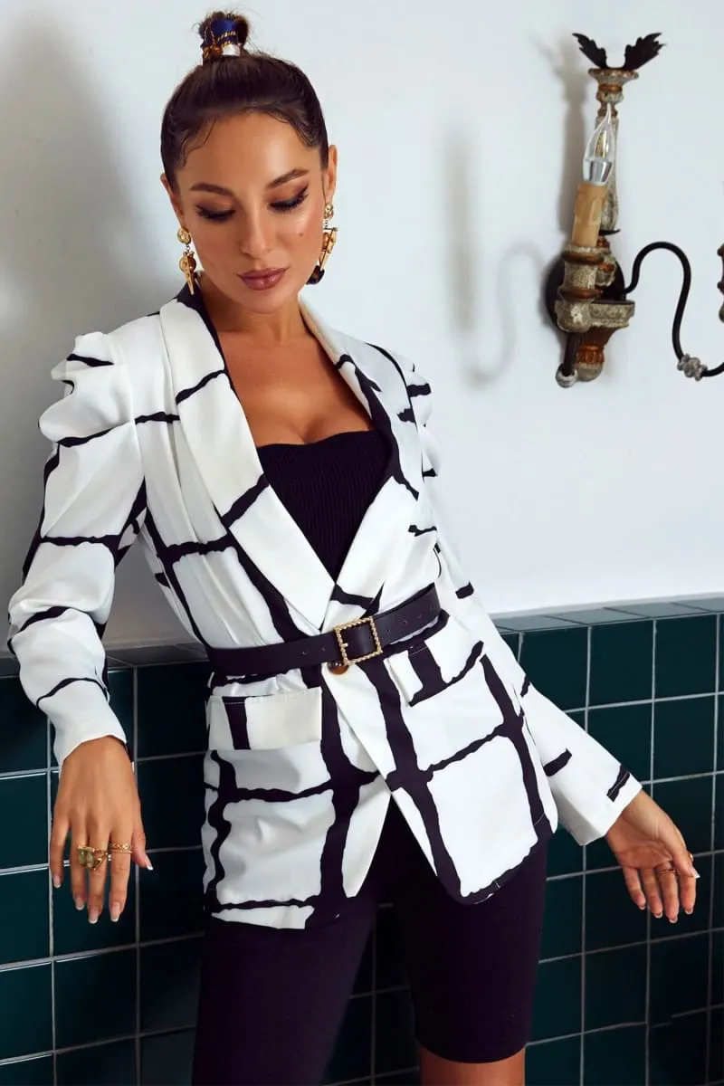 Women's Black And White Plaid Puff Shoulder Blazer