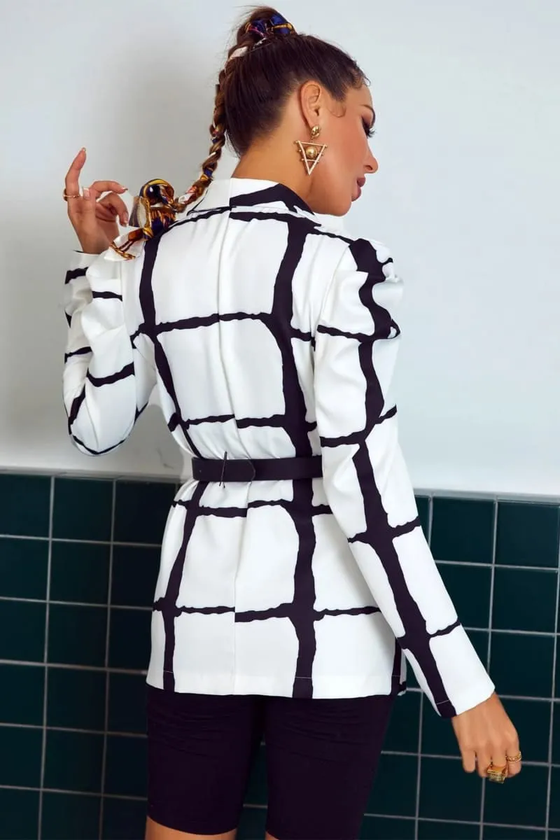 Women's Black And White Plaid Puff Shoulder Blazer