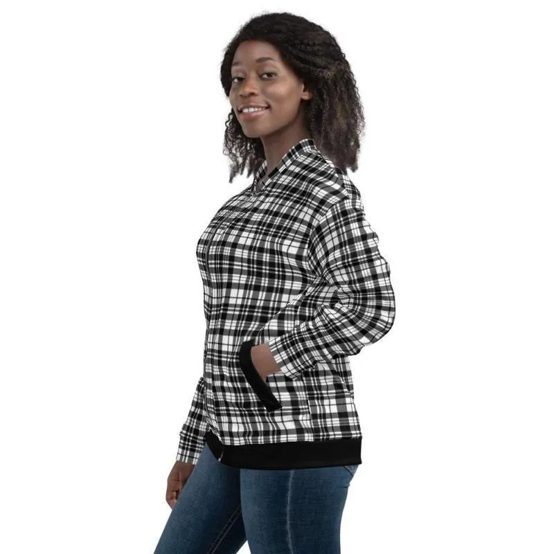 Womens Bomber Jacket, Black & White Plaid Style