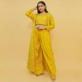 Yellow Thread Sequins With Foil Work Chiffon Partywear Suit