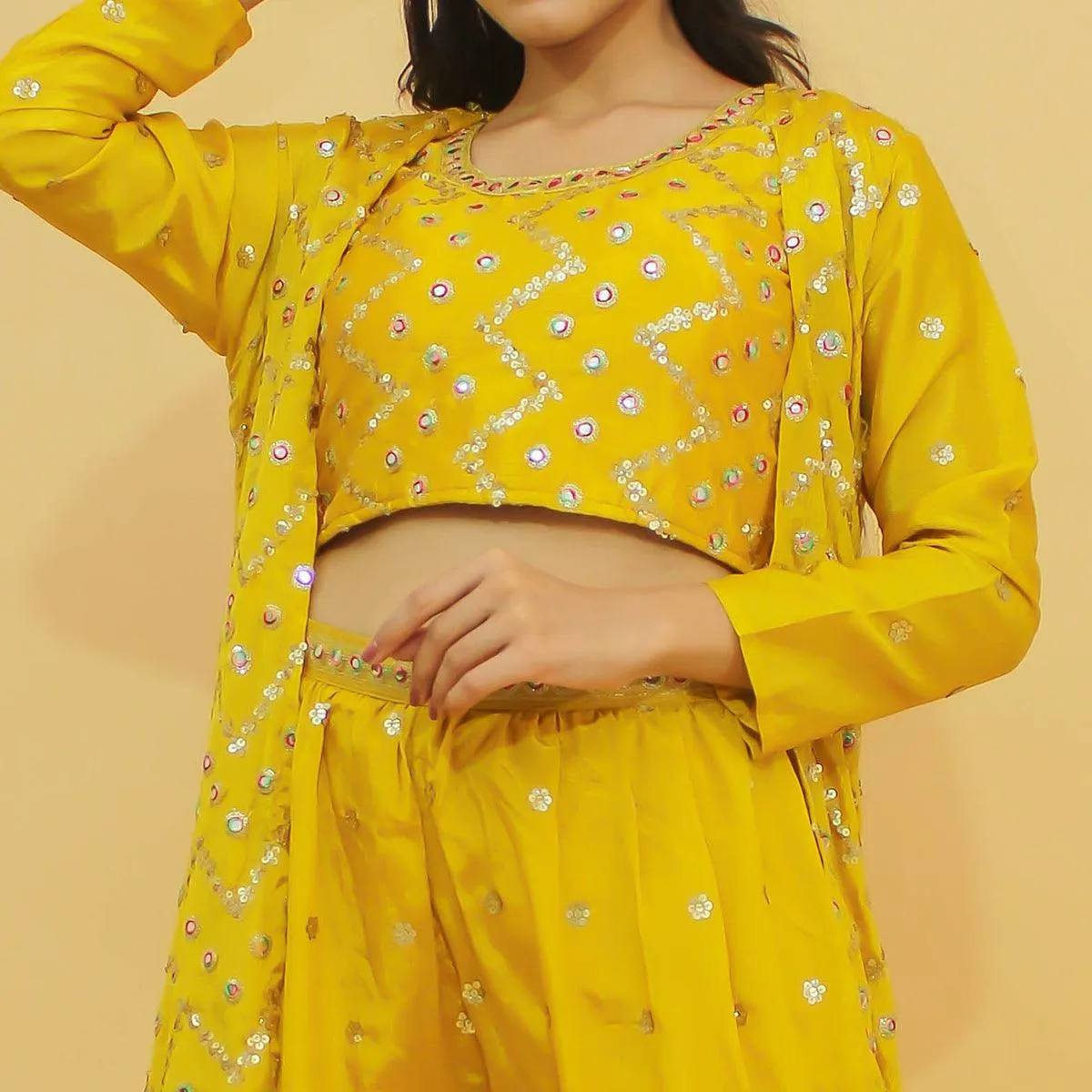 Yellow Thread Sequins With Foil Work Chiffon Partywear Suit